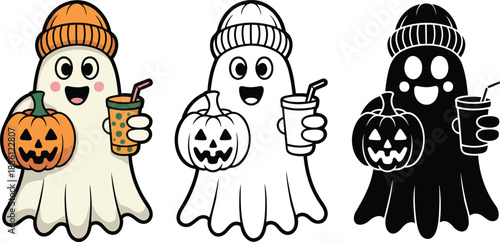 Cute Halloween ghost holding a spice coffee and a carved pumpkin silhouette & Outline and illustration set isolated on transparent background