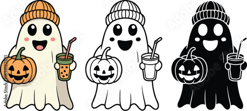 Cute Halloween ghost holding a spice coffee and a carved pumpkin silhouette & Outline and illustration set isolated on transparent background