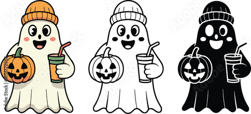 Cute Halloween ghost holding a spice coffee and a carved pumpkin silhouette & Outline and illustration set isolated on transparent background