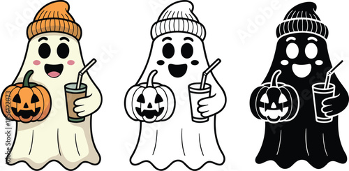 Cute Halloween ghost holding a spice coffee and a carved pumpkin silhouette & Outline and illustration set isolated on transparent background