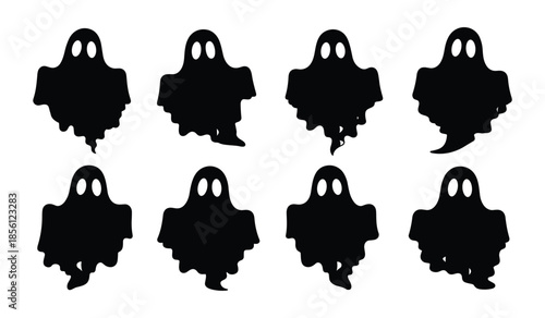 Black silhouettes of eight different ghost shapes on a white background halloween spooky