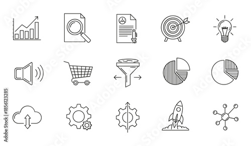 Business and Technology Icons Featuring Charts Graphs Lightbulb Rocket and Gears statistics
