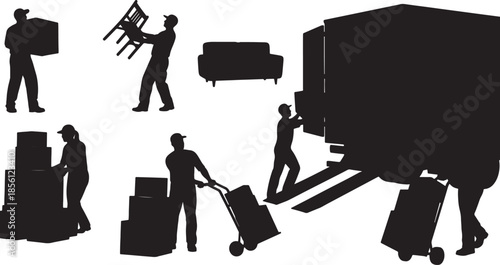 Silhouettes of Movers Loading Furniture and Boxes into a Truck on transparent background