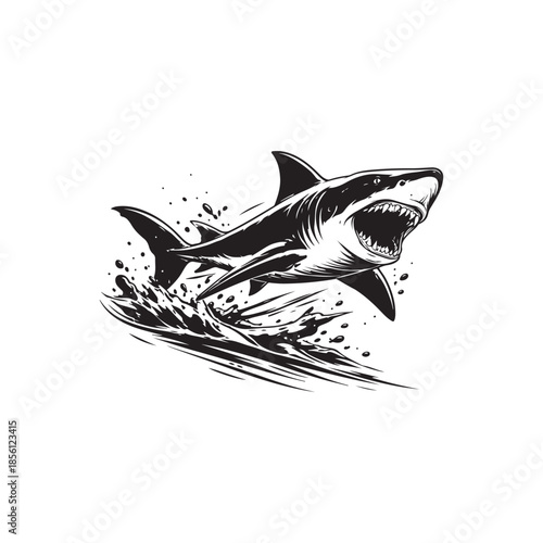Black and white illustration of a great white shark breaching water jumping