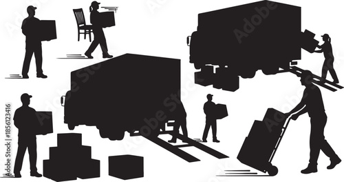 Silhouettes of Movers Loading Furniture and Boxes into Truck on transparent background