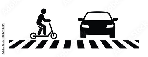 Vector illustration shows scooter rider and car at crosswalk