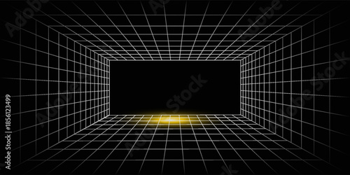 Futuristic perspective grid box. Abstract wireframe with white grid line on black background. Virtual reality landscape in 80s 90s digital style. Vector