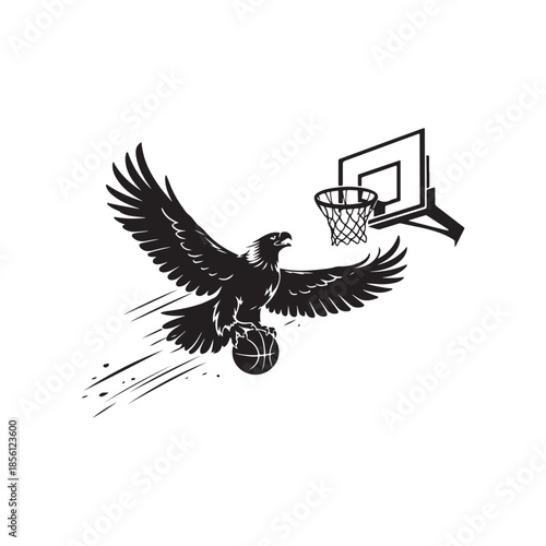 Black silhouette eagle holding basketball flying towards hoop bird sport