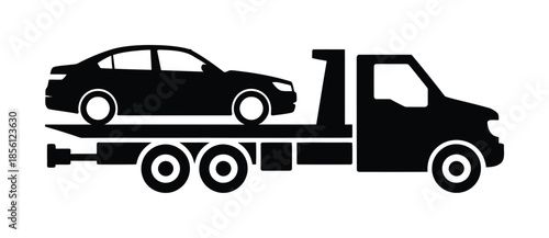 Vector tow truck transporting a sedan on flatbed