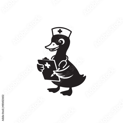 Black silhouette of a cartoon duck wearing a nurse cap and holding a clipboard with a stethoscope