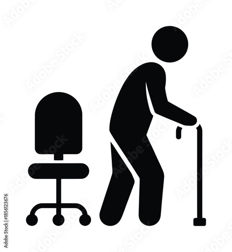 Vector image of elderly person standing with cane near chair