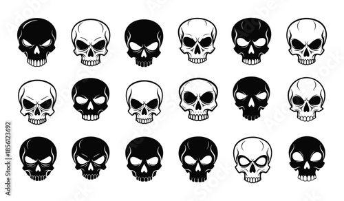 Collection of black and white skull illustrations in rows on a white background human skull death