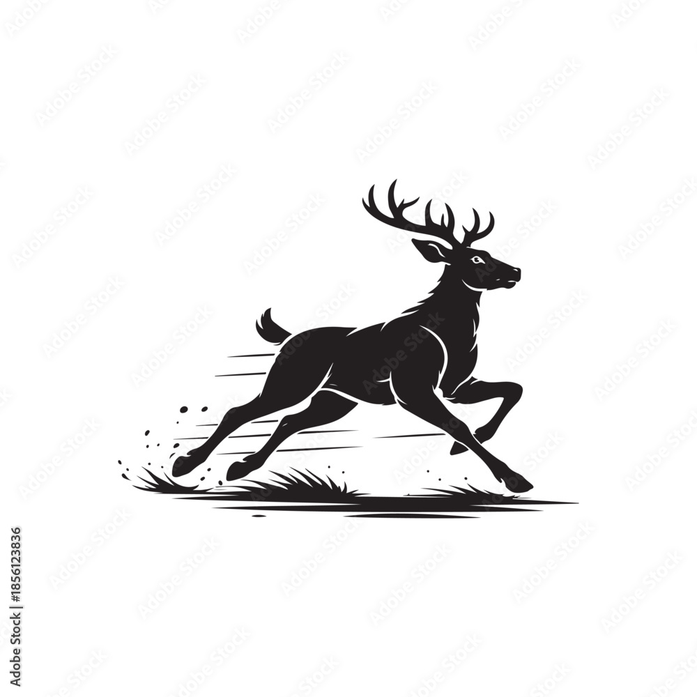 Obraz premium Black silhouette of a running deer with antlers on a white background vector
