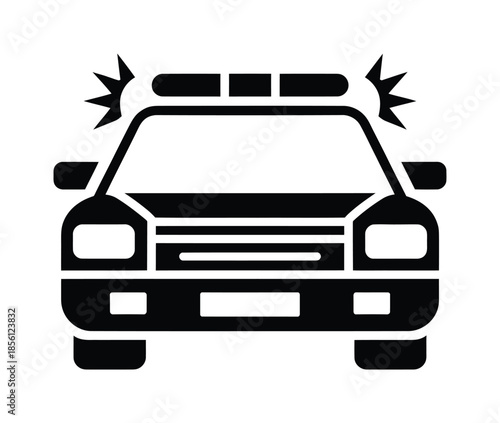 Black and white vector police car icon with siren lights