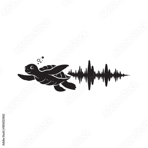 Black silhouette of a sea turtle swimming next to a sound wave graphic white