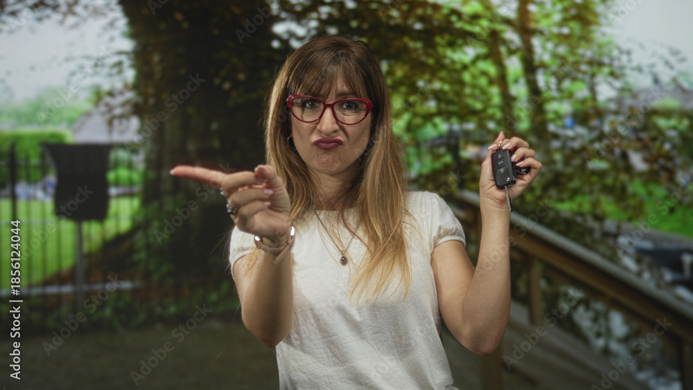 Fototapeta premium Woman points finger to small car key beside wooden railing and iron fence in park; assertive instruction.