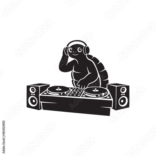 Black silhouette of a turtle wearing headphones and mixing music on a D J set speakers