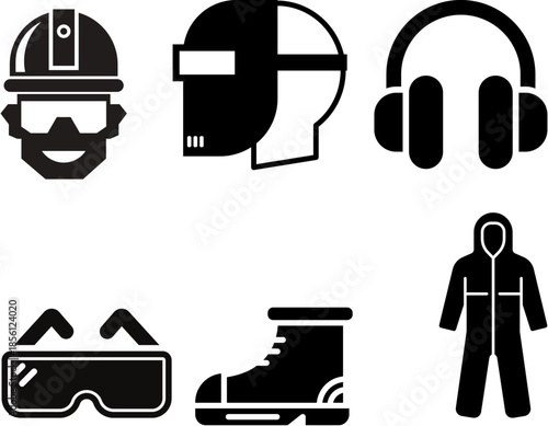 Collection of black and white icons representing various personal protective equipment for industrial safety.