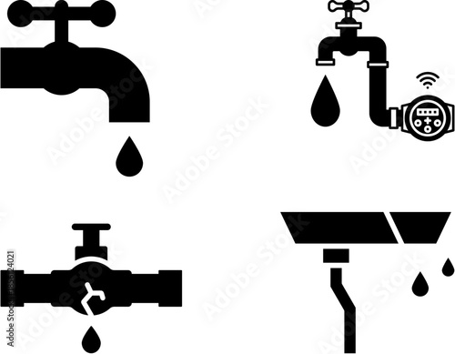 Black and white icons illustrating water issues like dripping faucets, smart water meters, cracked pipes, and leaking gutters.