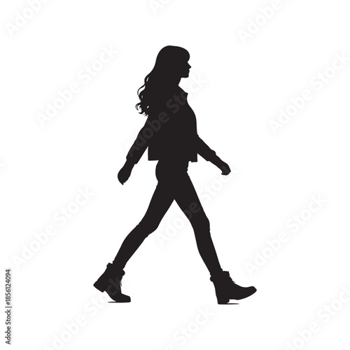 Black silhouette of a woman walking with long wavy hair female person