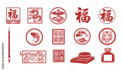 Collection of Red Chinese Zodiac Animals and Symbols with Calligraphy and Brush dragon phoenix