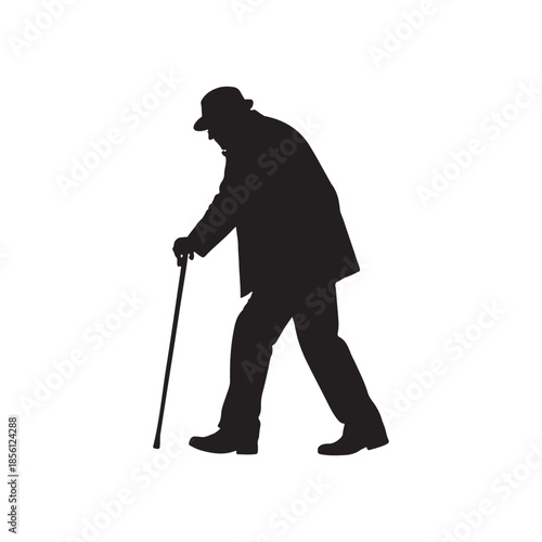Silhouette of an elderly man in a hat and coat walking with a cane person