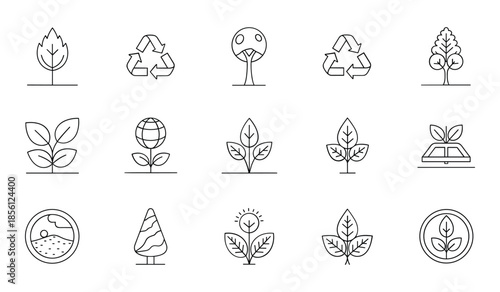 Collection of Thin Line Icons Representing Nature and Recycling Symbols environment leaf