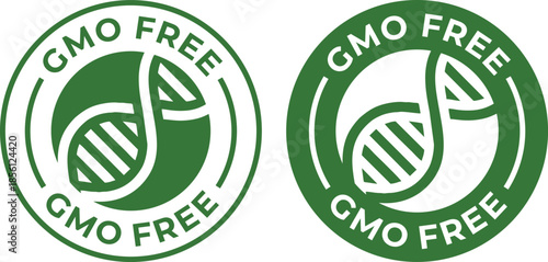 Green 'GMO FREE' Circular Label with DNA Helix Symbol Isolated Vector Graphic