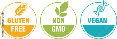 Set of three clean vector badges with icons and text: 'Gluten Free', 'Non GMO', 'Vegan'