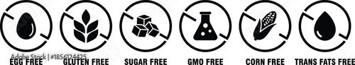 Vector Icons Set for 'EGG FREE', 'GLUTEN FREE', 'SUGAR FREE', 'GMO FREE', 'CORN FREE', and 'TRANS FATS FREE' Labels