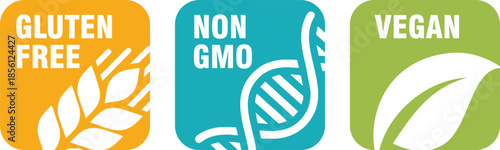Colorful Set of 'Gluten Free', 'Non GMO', and 'Vegan' Product Certification Icons
