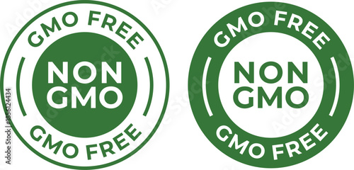 Set of Two Green 'GMO FREE' and 'NON GMO' Circular Vector Badges Isolated on White