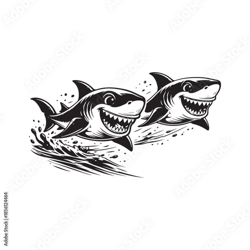 Two cartoon sharks with wide grins and sharp teeth swimming in water splashes illustration drawing