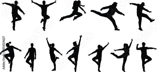 Dancing and jumping people silhouettes – expressive dance poses, energetic street moves, hip-hop jumps, and balance stances in vector format