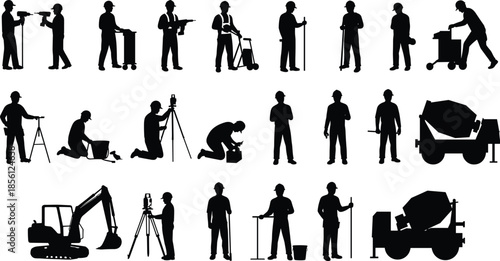 Construction worker silhouettes with tools, machinery, and equipment – vector icons for building, engineering, industrial safety, and architectural design projects
