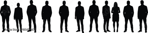 Group of business people silhouettes standing in a row – diverse professionals in formal attire, black vector human silhouettes