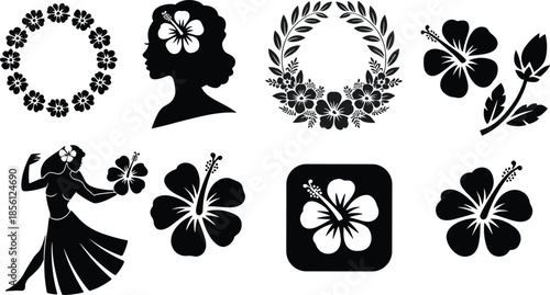 Hawaiian hibiscus flower and hula dancer silhouette icons – tropical floral wreaths and island girl illustrations set