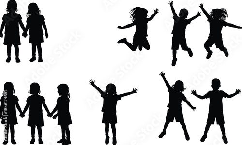 Happy children silhouettes holding hands, jumping, and playing – joyful kids celebrating, black vector silhouettes of boys and girls