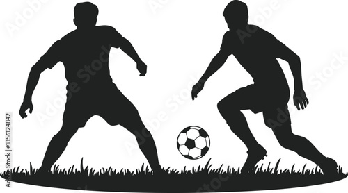 Soccer players silhouette vector – two men playing football on grass field, competitive sports scene for team game and athletic design