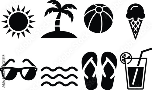 Summer icons collection – sun, palm tree, beach ball, ice cream, sunglasses, waves, flip-flops, tropical drink vector symbols
