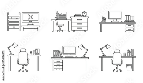 Home Office Desk Setups with Computers Chairs and Shelving Units Keywords: office, desk, computer, chair, shelving, bookshelf, lamp, table, workstation, home office, interior, furniture, setup