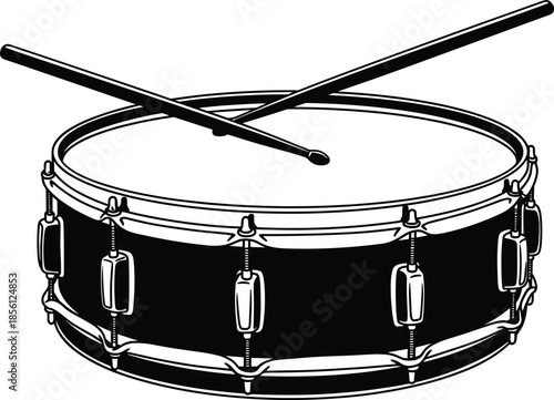 Snare drum with drumsticks vector illustration – percussion instrument clipart, music band element, black and white drum icon for design use