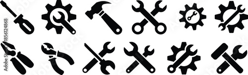 Tool icons set – vector screwdrivers, hammers, pliers, wrenches, and gear symbols for repair, maintenance, construction, and mechanic design
