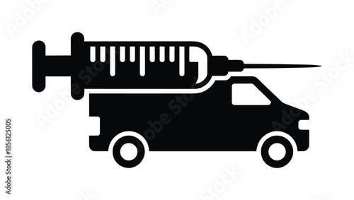 Vector graphic shows a mobile clinic van with syringe