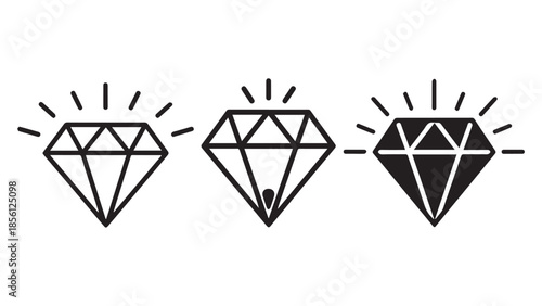Three black and white line art diamonds with glowing effects on white background