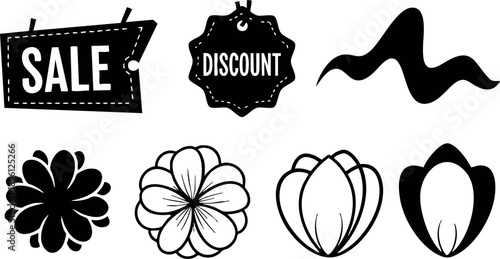 Sale and discount tags with floral design vector elements in black and white style 