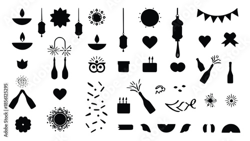 Collection of black silhouette icons for celebration and decoration on white background featuring candles, hearts, and party elements in various designs, perfect for festive occasions and joyful event