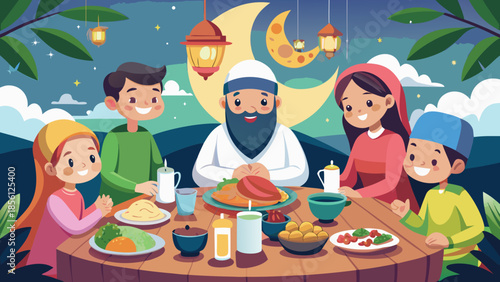 A joyful muslim family sharing an iftar meal together during ramadan celebration
