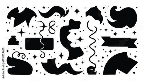 Collection of black abstract shapes and decorative elements on a white background perfect for design projects and creative endeavors requiring unique visual elements