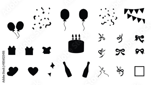 Collection of black celebration elements including balloons confetti bunting gift boxes cake bows ribbons hearts and champagne bottles on a white background for festive designs and party decorations